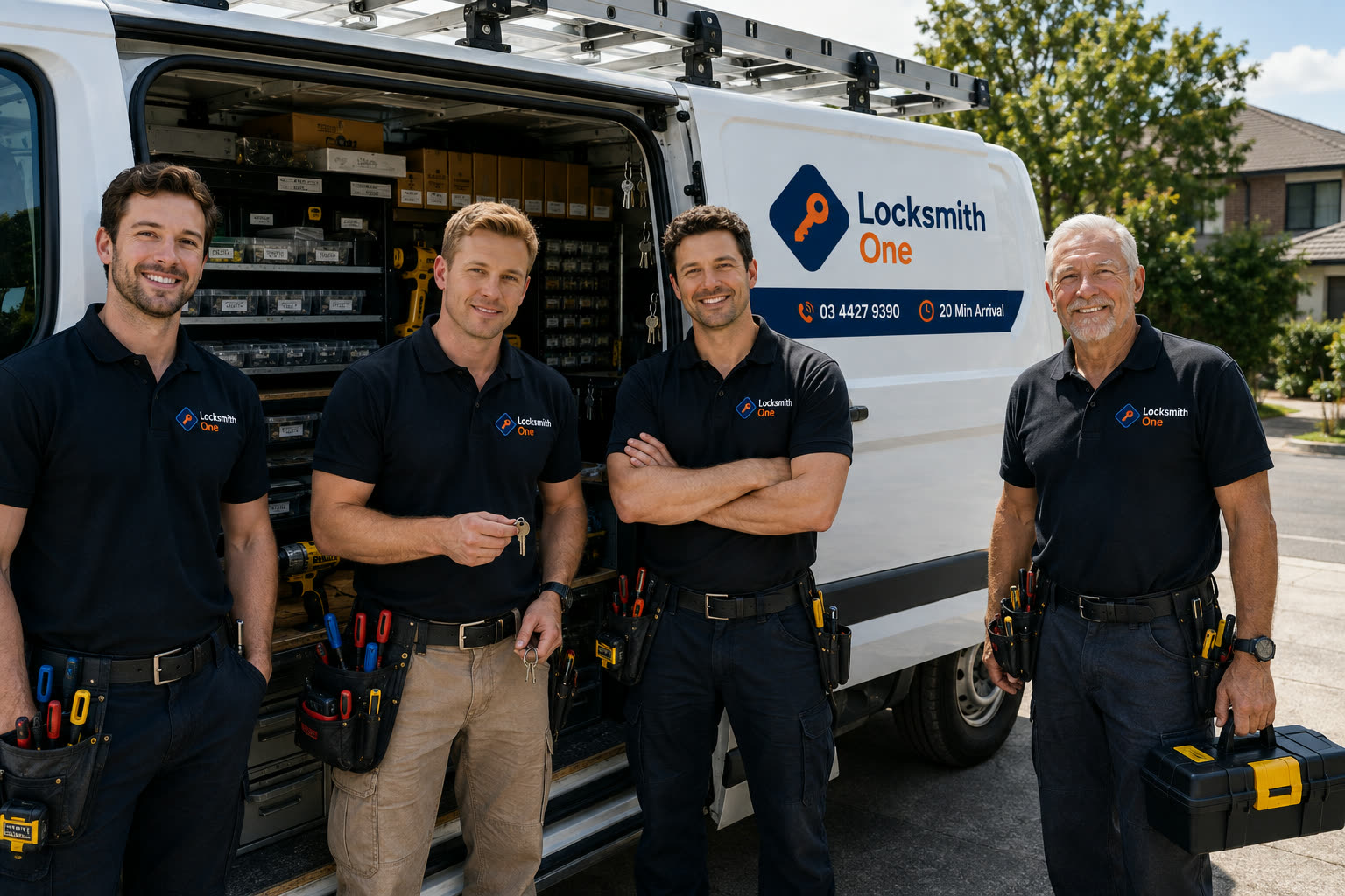 The Locksmith One team standing in front of a fully stocked service van in Melbourne